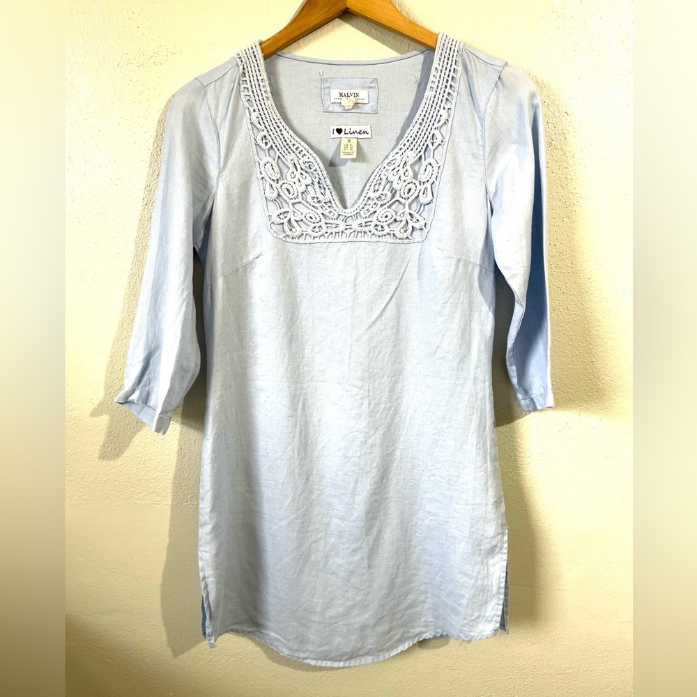 Melvin I Heart Linen Blue Dress Tunic Crochet VNeck 3/4 Sleeve Small Boho Preppy